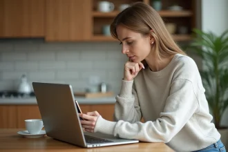 Femme concentrée vérifiant une adresse web sur son ordinateur dans la cuisine