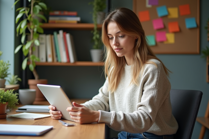 Jeune femme utilisant une tablette dans un bureau organisé