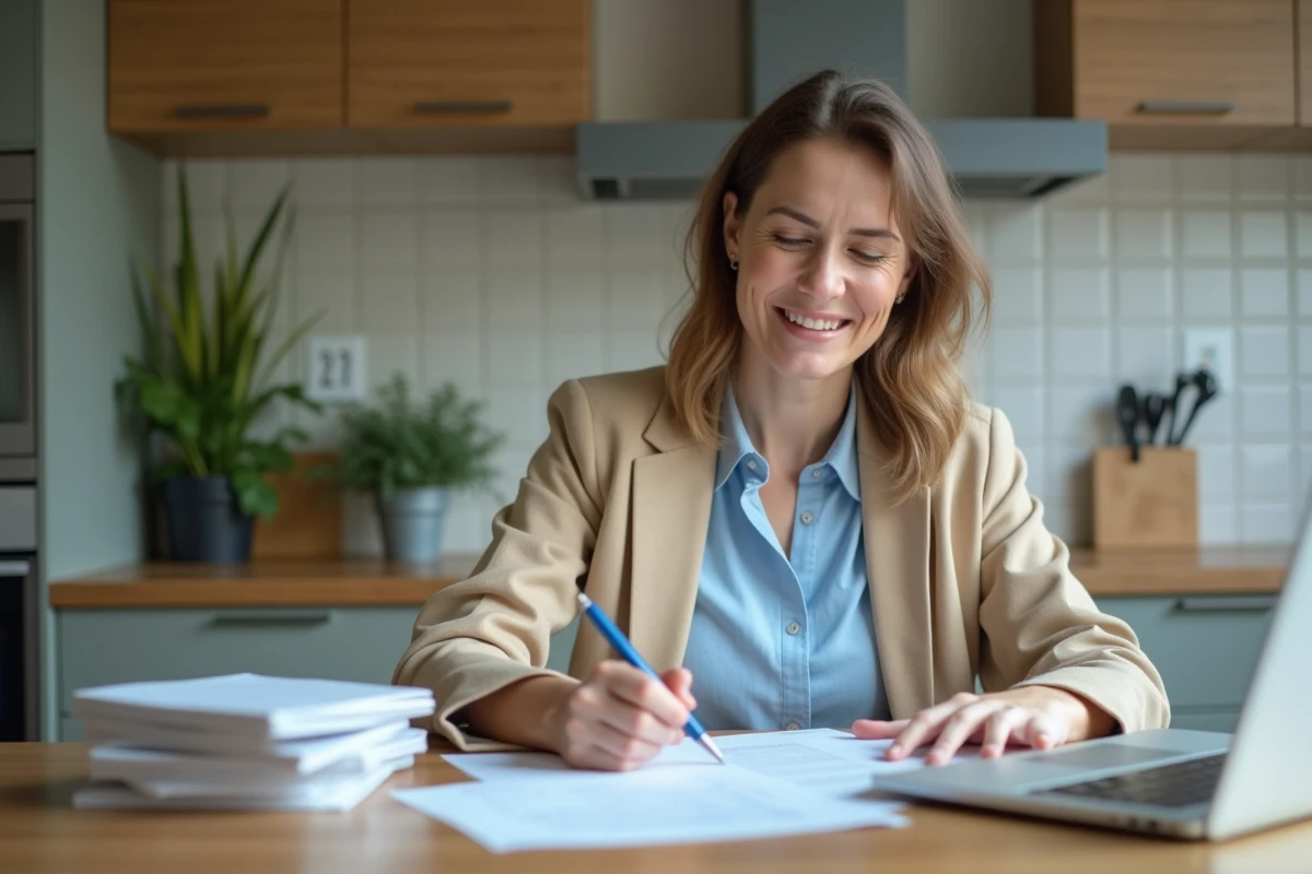 Femme organisée à la maison avec documents et ordinateur