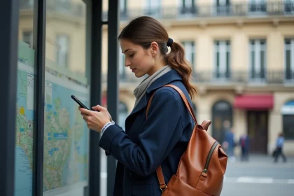 Jeune femme &agrave; Paris utilisant son smartphone pour se rep&eacute;rer