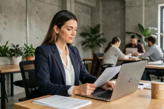 Femme professionnelle en portage salarial travaillant dans un espace de coworking moderne