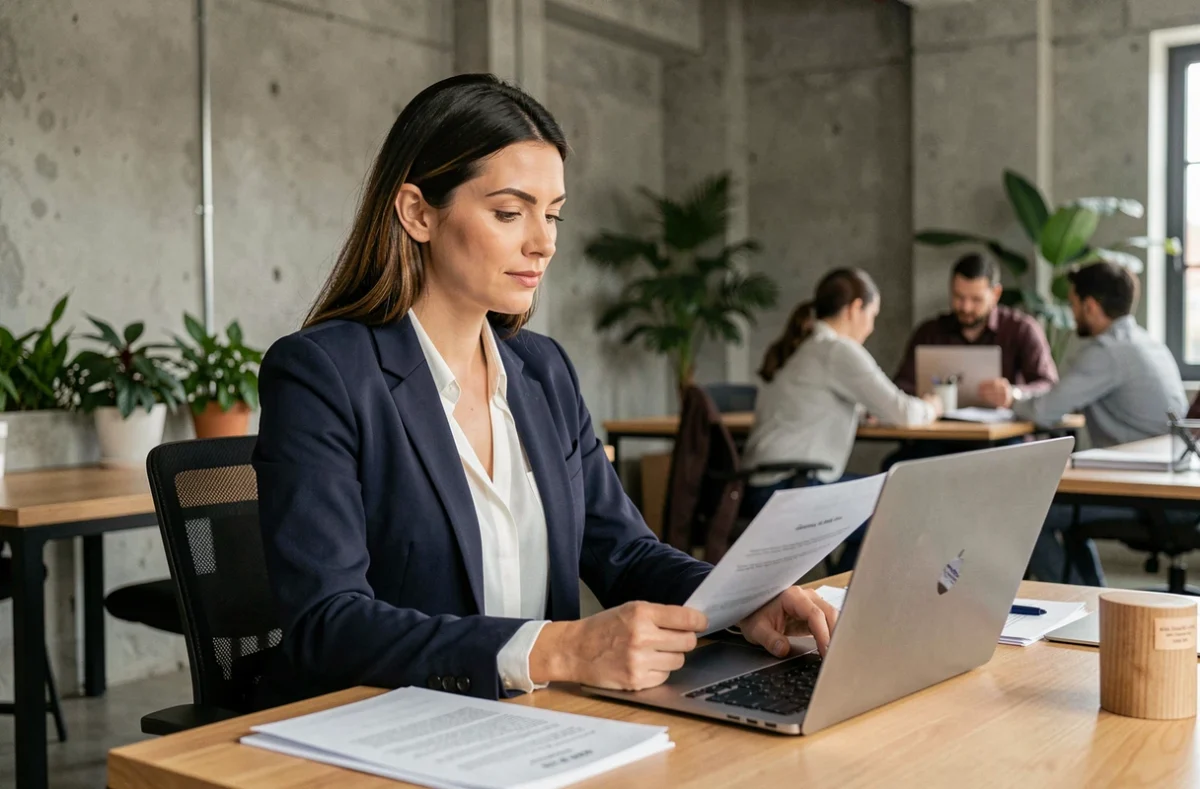 Femme professionnelle en portage salarial travaillant dans un espace de coworking moderne