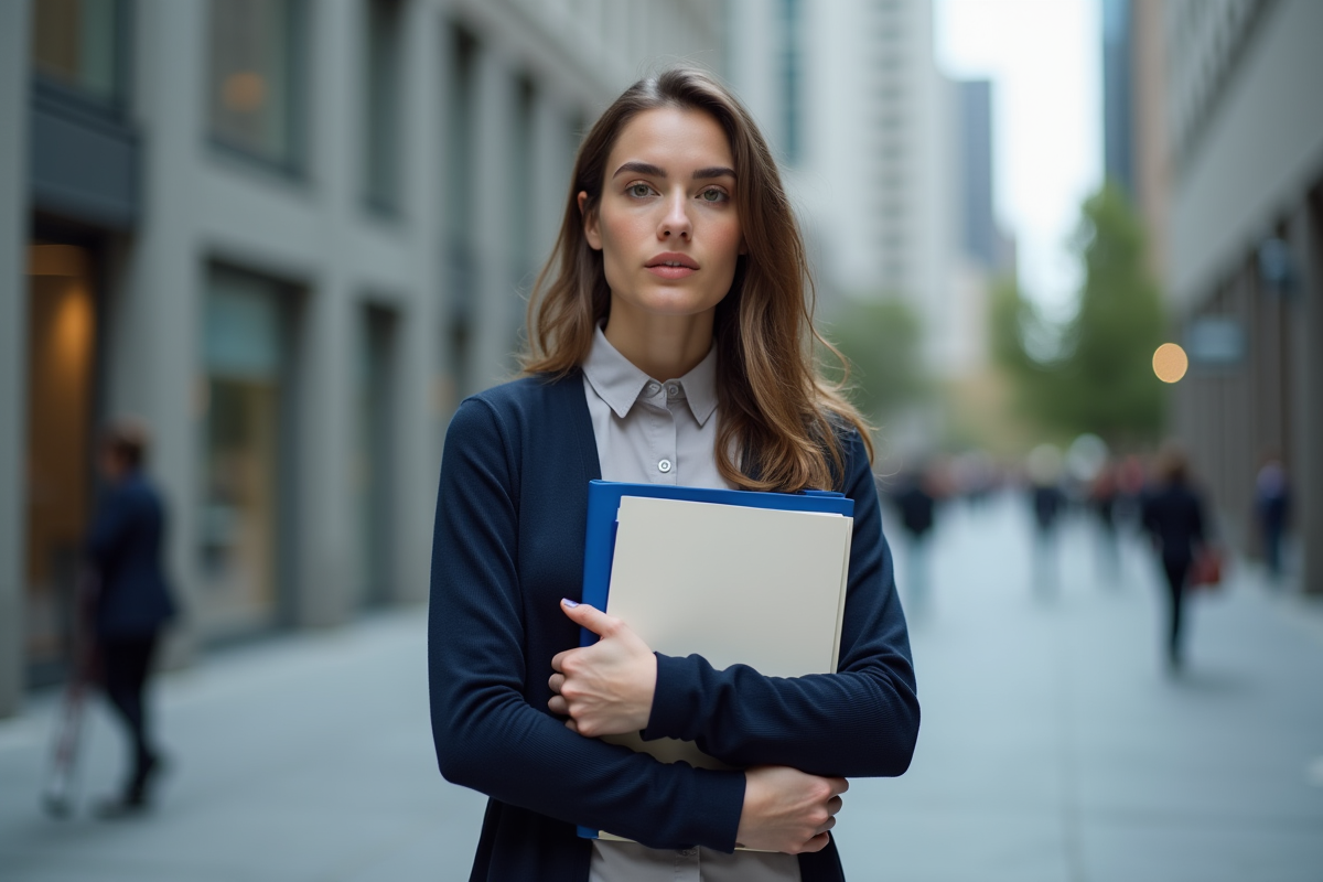 Femme en ville tenant un dossier lors d une transition urbaine