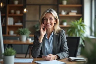 Femme d'affaires dans un bureau moderne souriant en parlant au téléphone