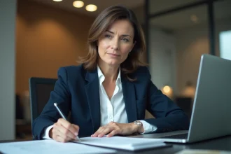 Femme sérieuse en blazer bleu examine un contrat au bureau