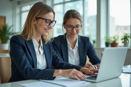 Femme professionnelle consultant le site declarationexpertise.fr sur un ordinateur portable dans un bureau moderne en 2026