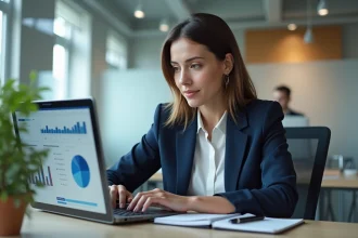 Femme professionnelle analysant des données sur son ordinateur