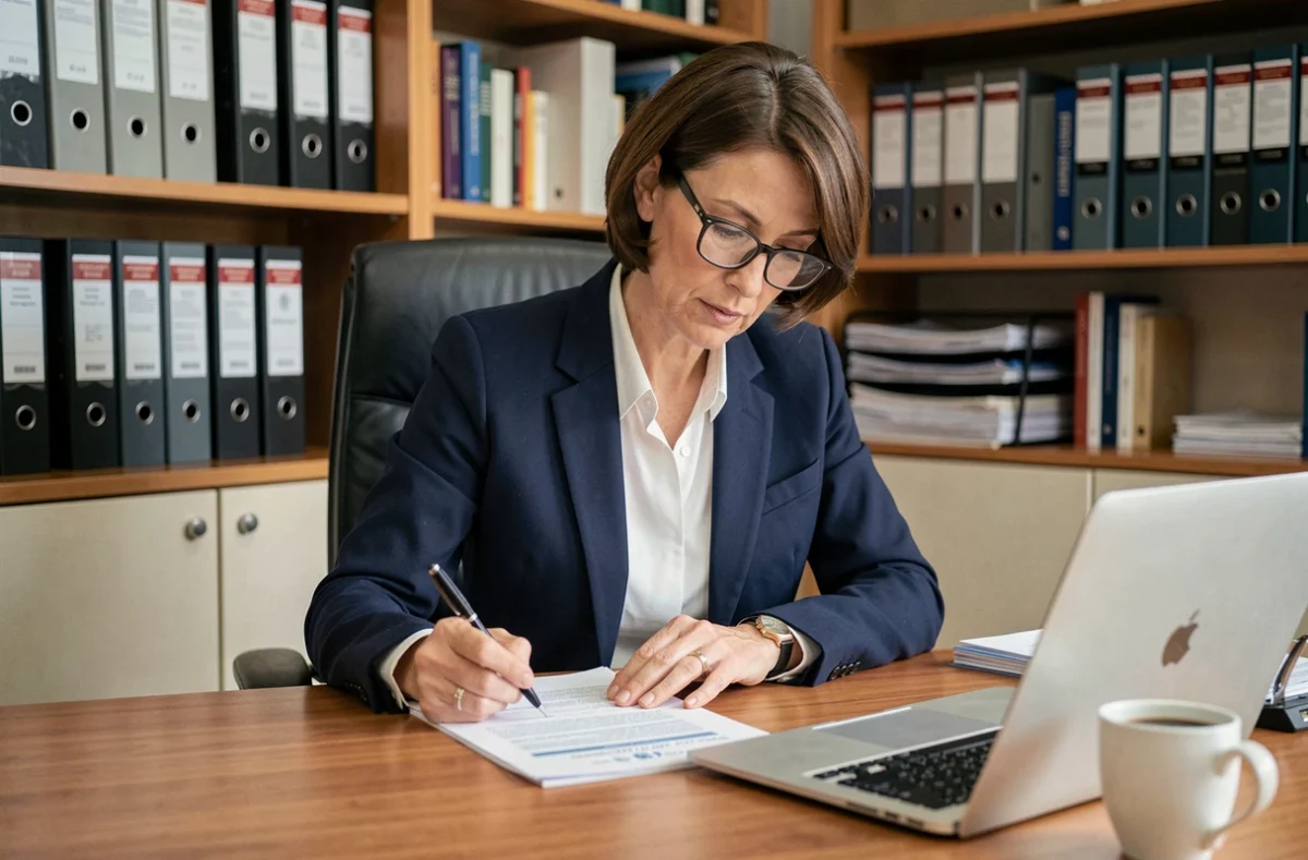 Femme professionnelle annotant un ordre du jour d'assemblée générale dans un bureau administratif organisé
