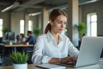 Femme professionnelle rédigeant un post LinkedIn formaté avec du gras sur son ordinateur portable dans un bureau moderne