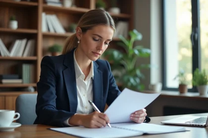 Femme professionnelle relisant un document dans un bureau moderne, stylo à la main, expression concentrée