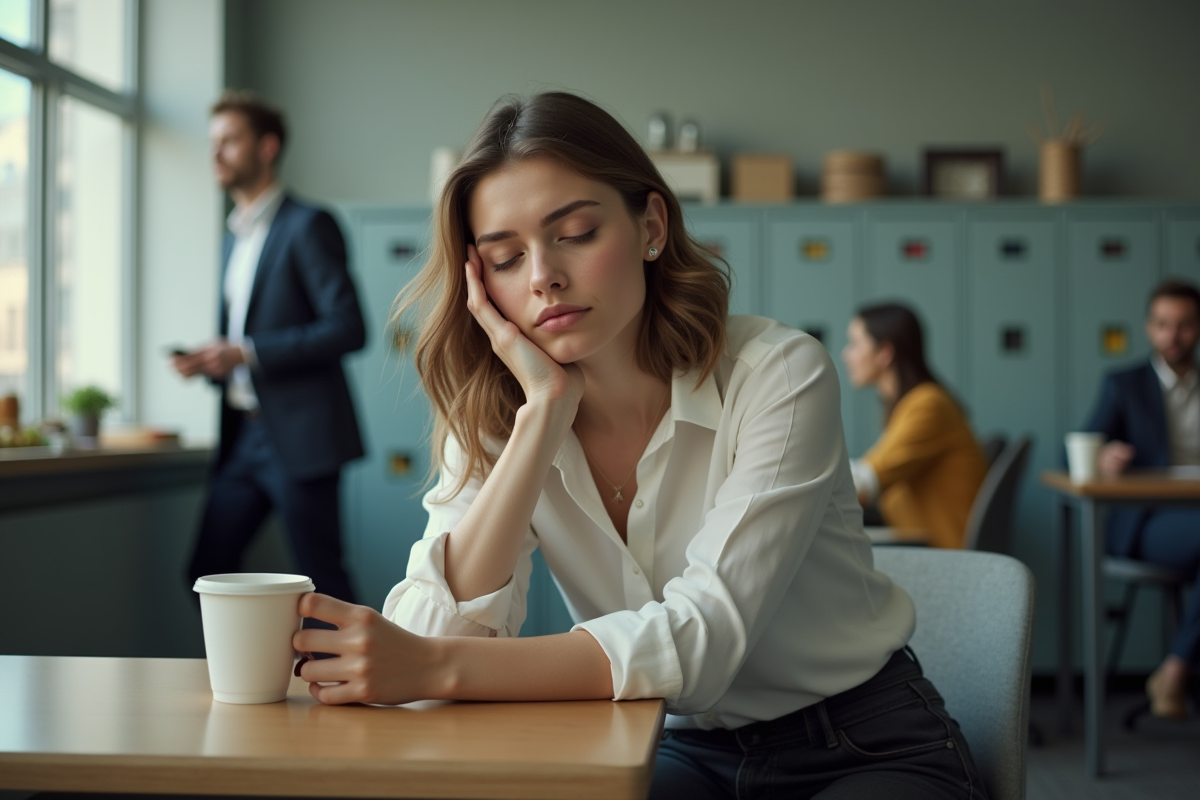Jeune femme endormie dans une salle de pause animée