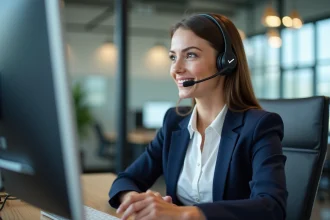 Femme professionnelle au bureau avec casque pour service client