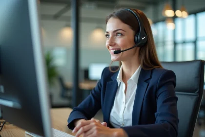 Femme professionnelle au bureau avec casque pour service client
