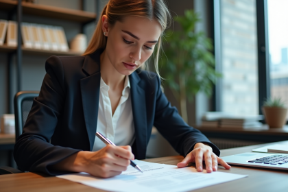 Jeune femme signant un contrat dans un bureau moderne