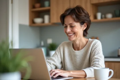 Femme assise à la cuisine utilisant un ordinateur portable