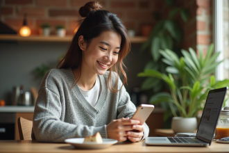 Jeune femme souriante utilisant son smartphone dans une cuisine chaleureuse