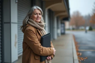 Femme d'âge moyen près de l'entrée d'un magasin en hiver