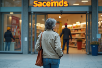 Femme curieuse devant un supermarché en rénovation