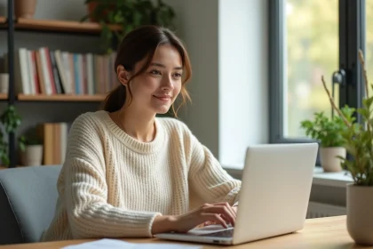 Femme en télétravail à son bureau à domicile, travaillant sur un ordinateur portable dans un espace de travail moderne et ordonné