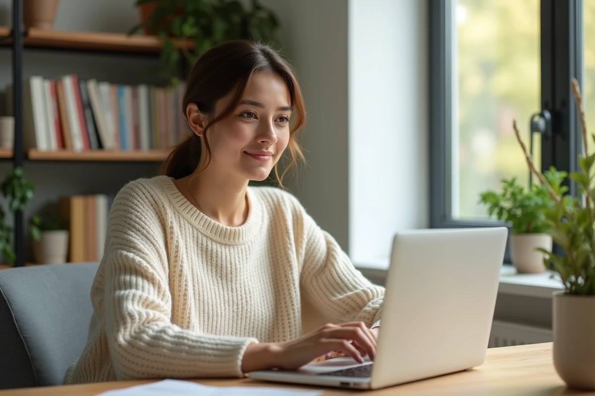 Femme en télétravail à son bureau à domicile, travaillant sur un ordinateur portable dans un espace de travail moderne et ordonné
