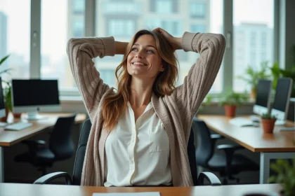 Femme d'âge moyen au bureau en train de s'étirer