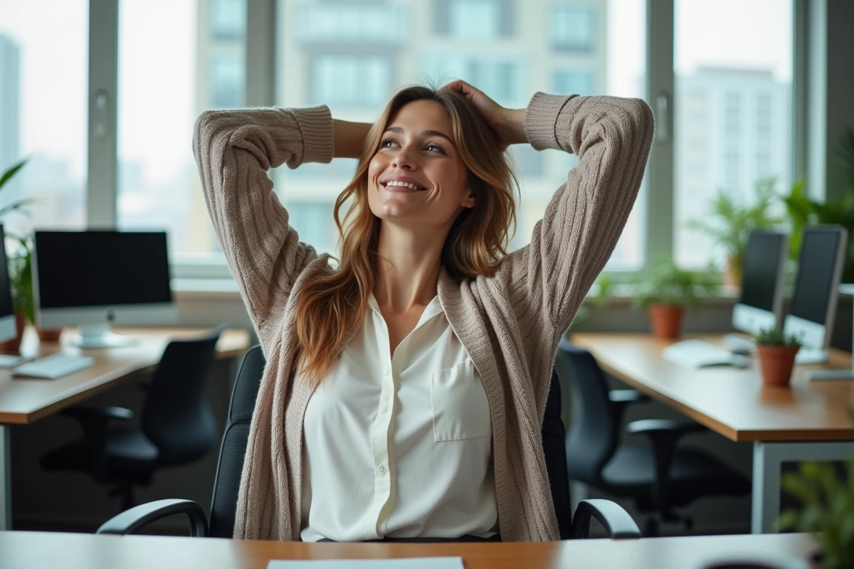Femme d'âge moyen au bureau en train de s'étirer
