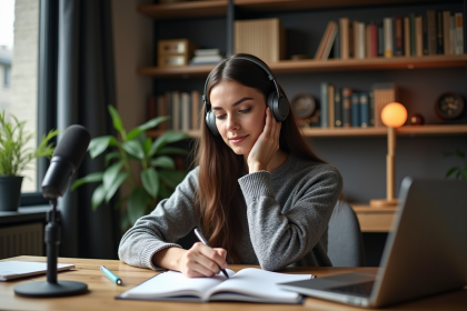 Femme avec casque et carnet dans un bureau cosy