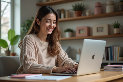 Jeune femme travaillant à domicile dans un bureau chaleureux