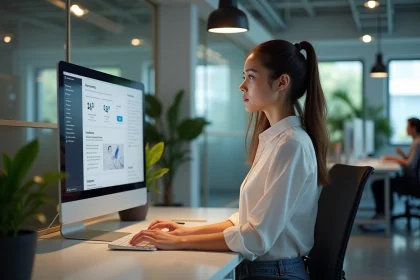 Jeune femme concentr&eacute;e sur un projet web au bureau