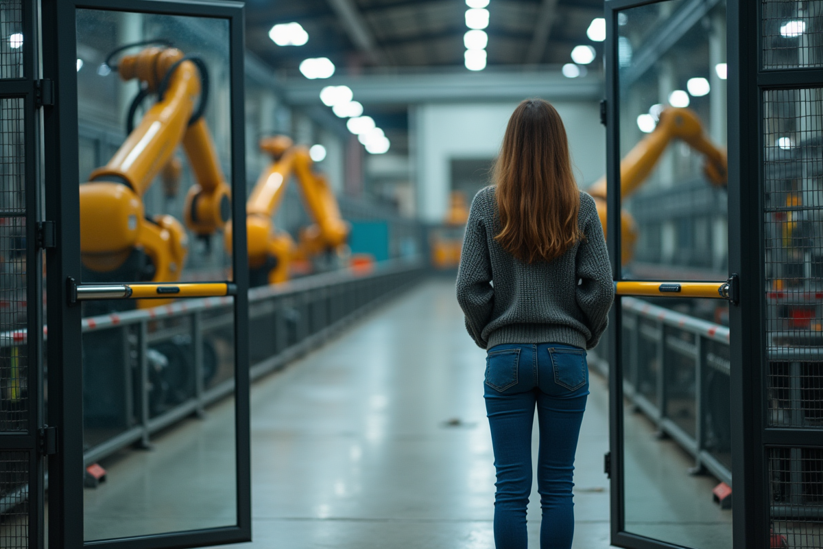 Jeune femme regardant des bras robotisés en usine