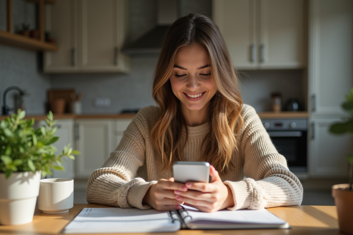 Jeune femme souriante tapant un message sur son téléphone