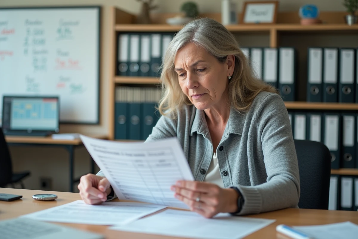 Femme en situation de handicap consultant une fiche de paie ESAT dans un bureau administratif