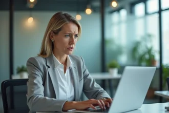 Femme professionnelle hésitante devant son ordinateur en train de rédiger un email formel avec une formule de politesse maladroite