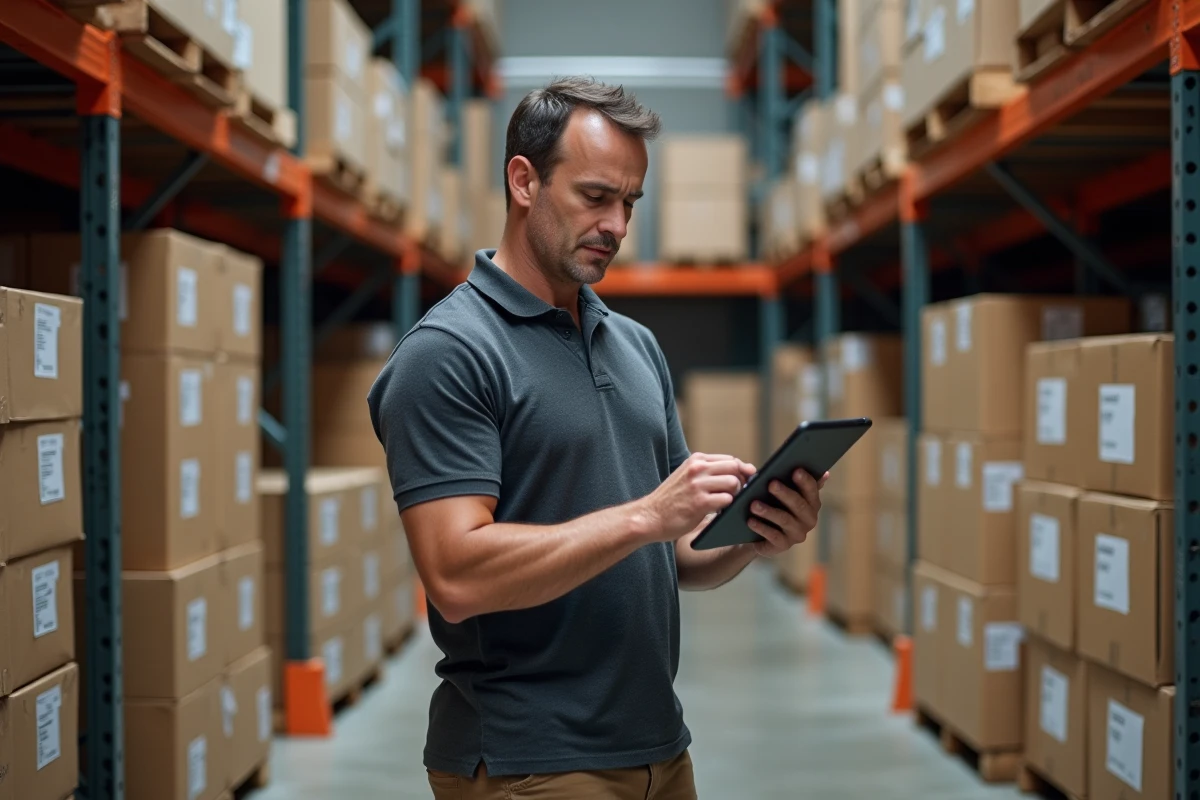 Gérant de PME évaluant une solution B2B sur tablette dans un entrepôt logistique avec palettes et stocks