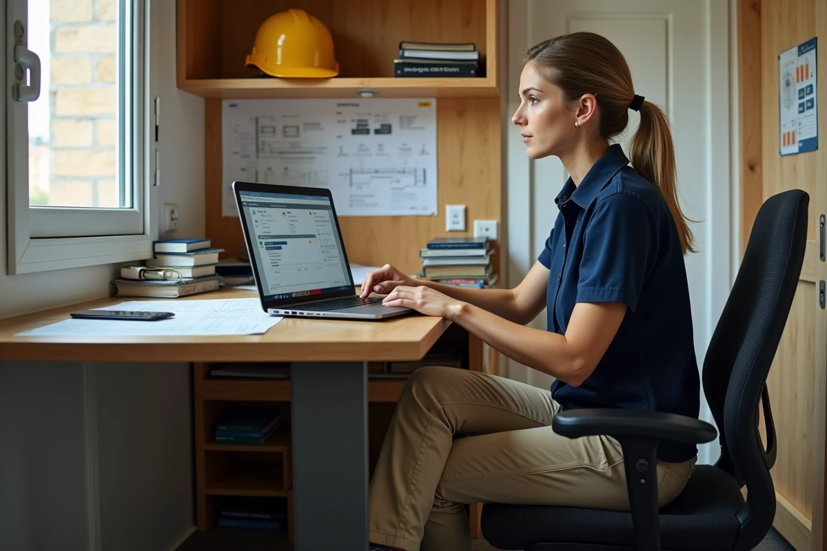 Gérante de TPE bâtiment travaillant sur un logiciel de gestion de chantier dans un bureau de chantier
