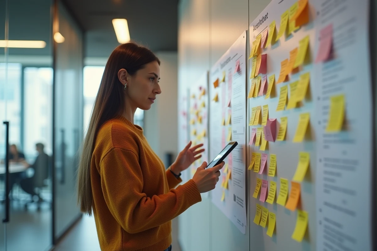 Jeune femme gestionnaire pointant un calendrier de projet