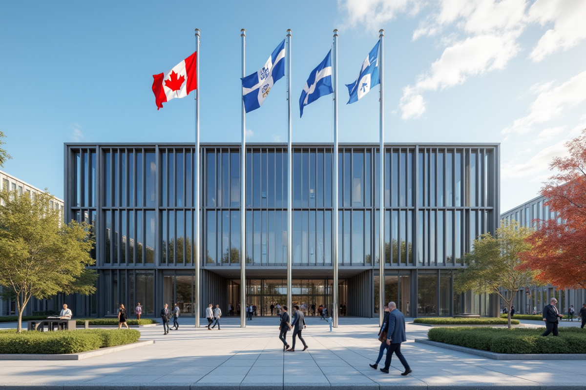 Bâtiment gouvernemental moderne au Quebec avec drapeaux canadien et québecois