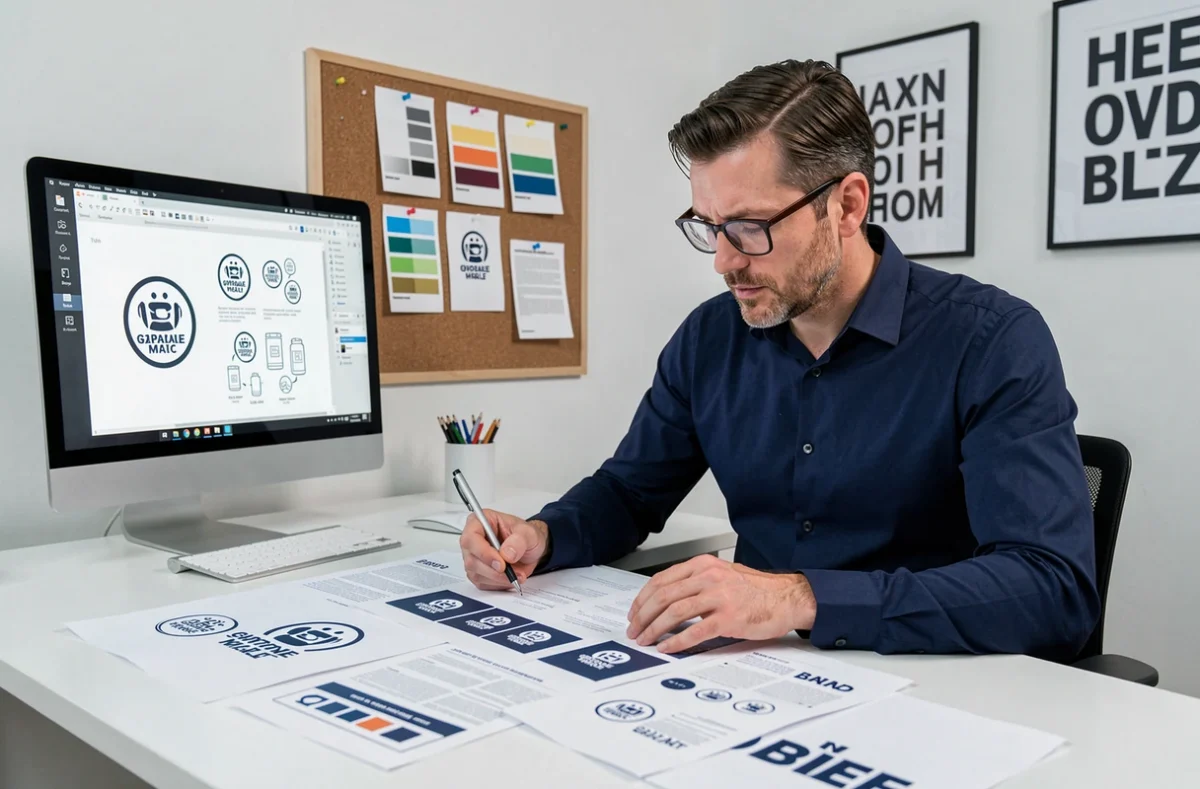 Designer graphique examinant des supports d'identité visuelle dans le studio Graphicstyle en Isère