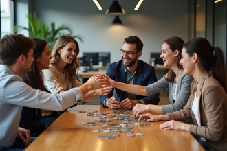 Groupe diversifié d'adultes souriants résolvant un puzzle au bureau