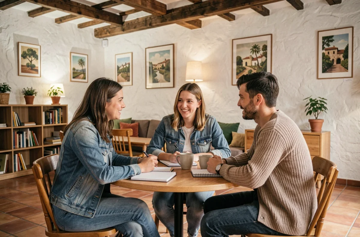 Groupe de professionnels collaborant dans un espace de coworking convivial au style provençal à Avignon