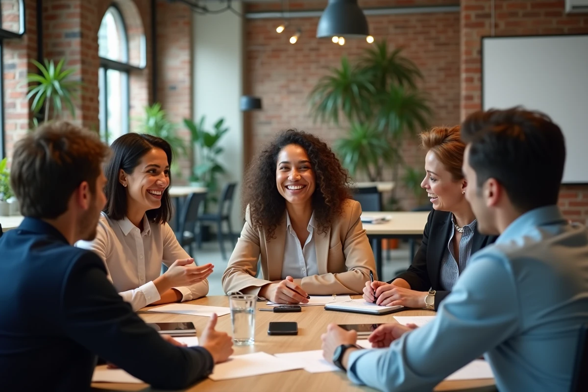 Groupe de personnes en discussion dans un espace de coworking