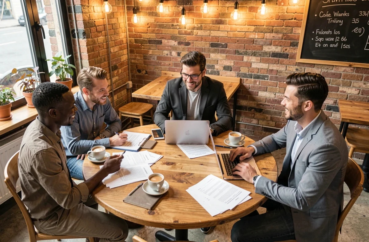 Groupe d'entrepreneurs francophones en réunion informelle autour d'un projet business dans un café moderne