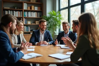 Groupe de professionnels en réunion de travail dans un bureau moderne