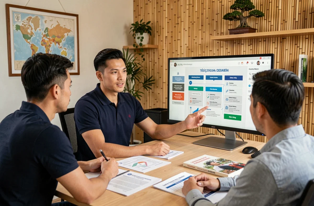 Consultant digital de l'agence Hoi Anh présentant une campagne marketing multilingue à son équipe dans un bureau moderne aux références culturelles franco-vietnamiennes