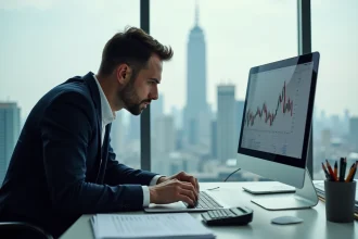 Homme d'affaires en costume regardant un graphique financier