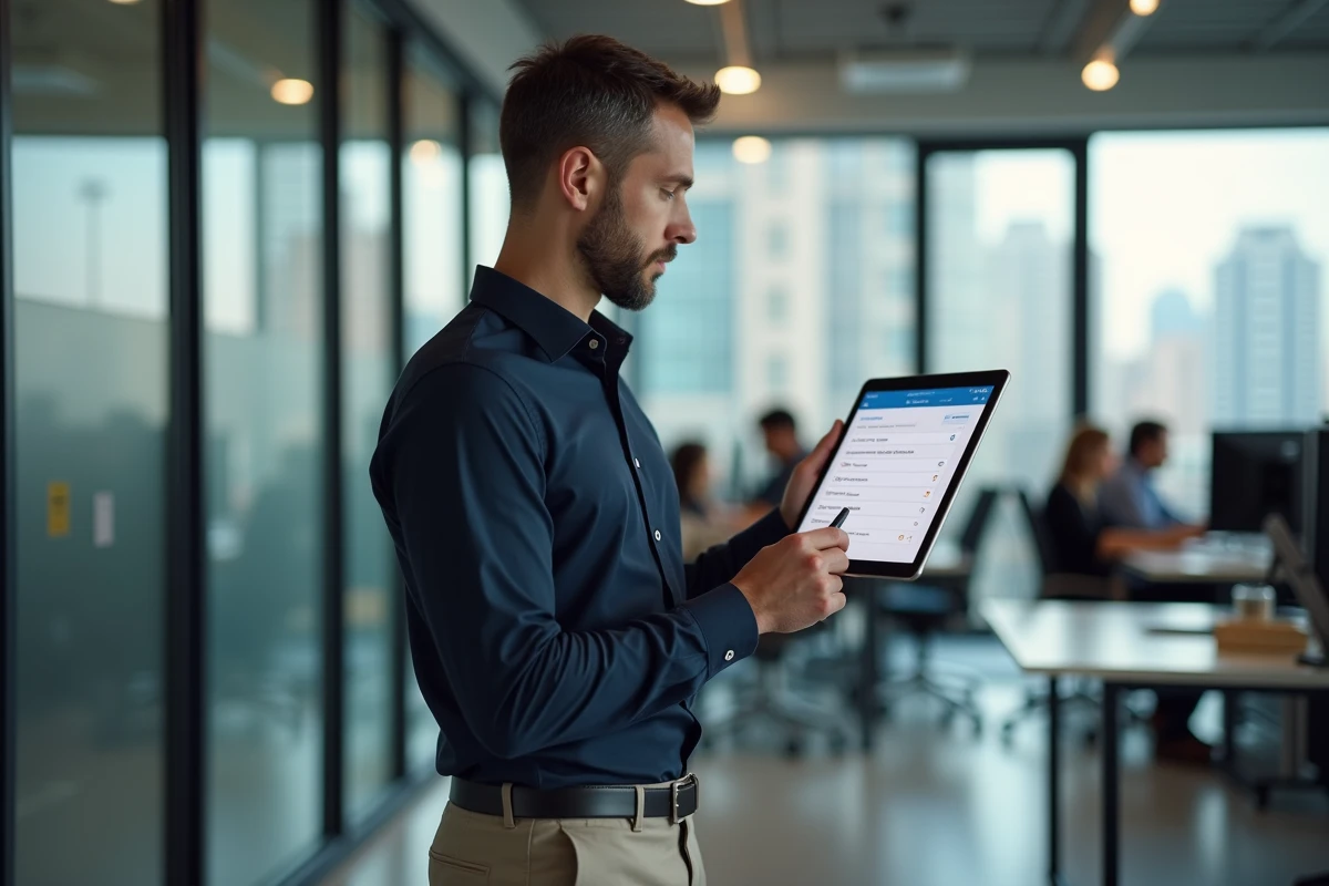 Homme d'affaires consultant un plan d'action numérique sur tablette dans un bureau moderne