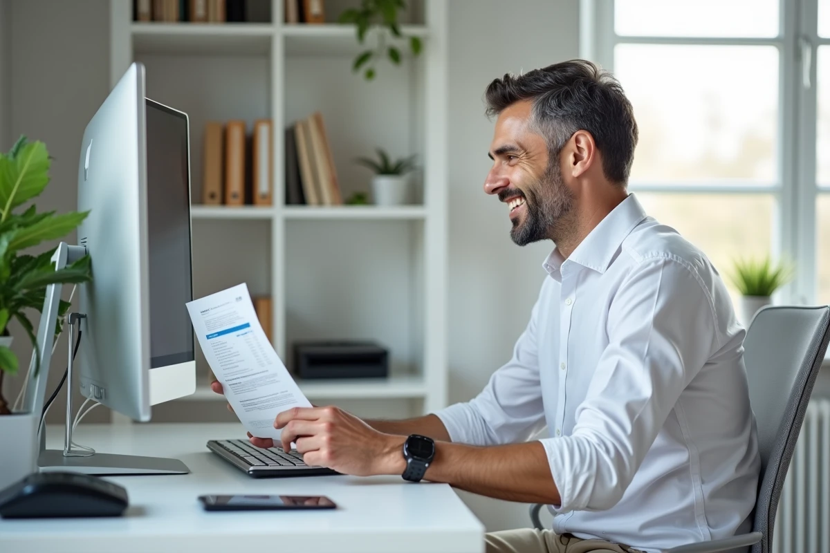 Homme en bureau &agrave; domicile avec ordinateur et re&ccedil;us