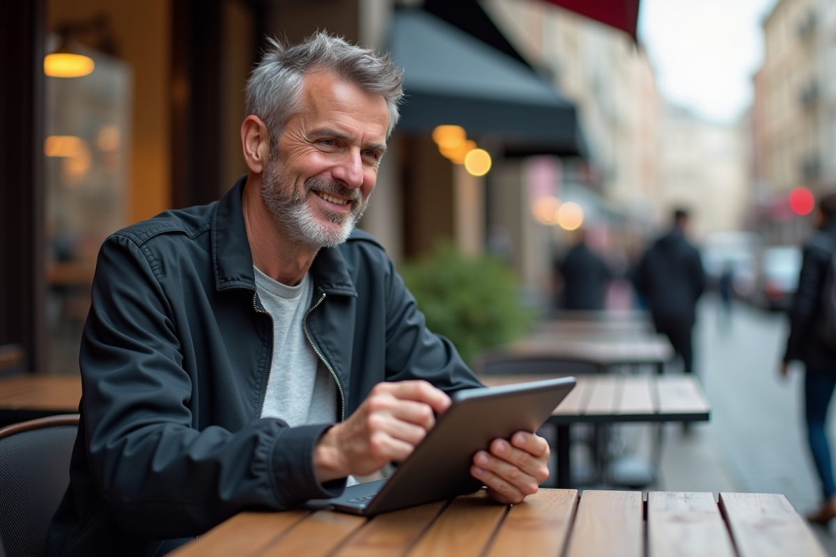 Homme analysant des graphiques de cryptomonnaie au café