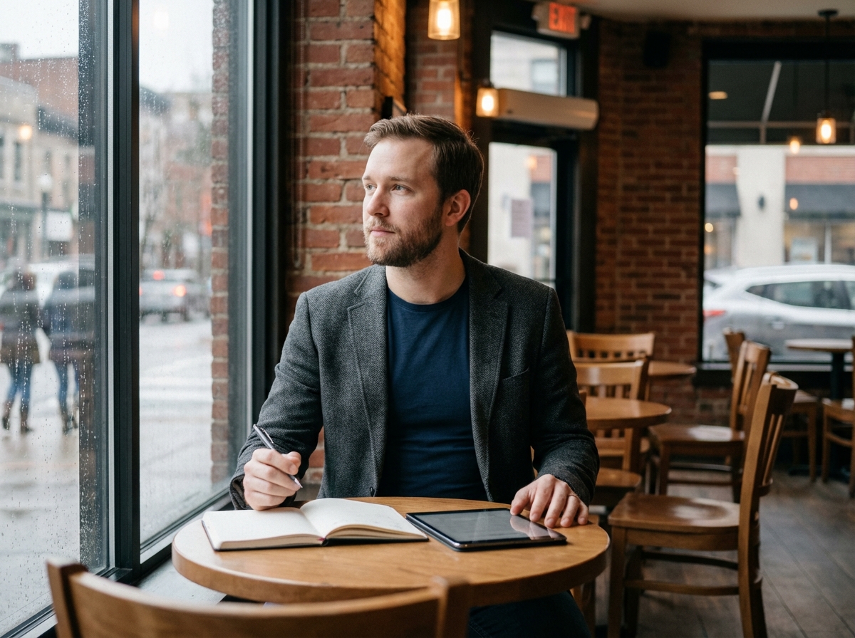 Jeune homme au café prenant des notes avec un carnet et une tablette