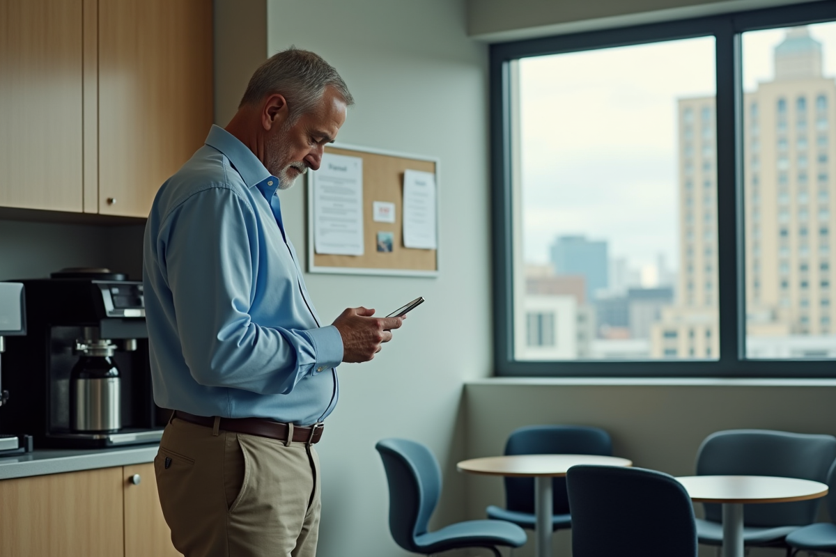 Homme d age moyen regarde son smartphone dans la salle de pause